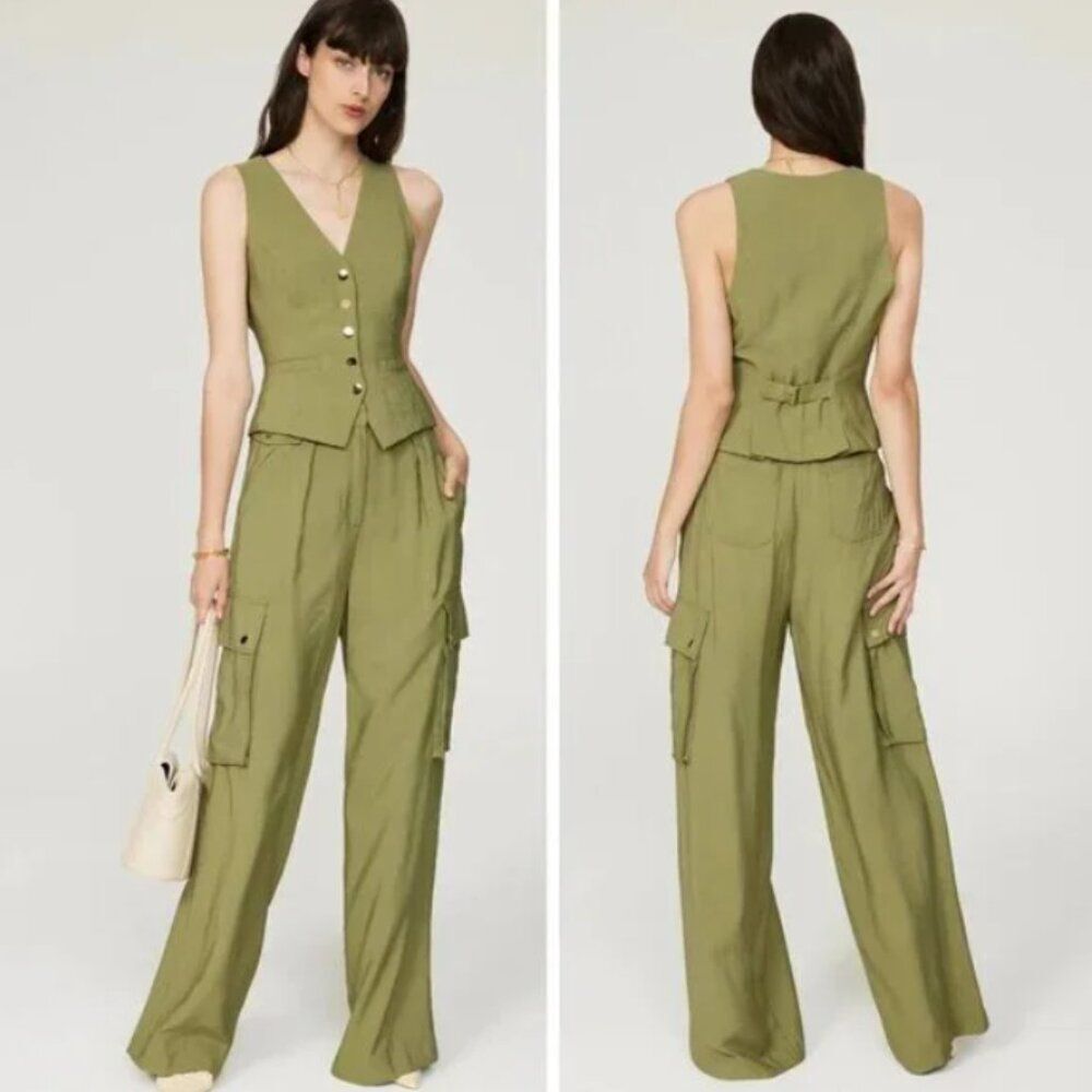 Ramy Brook Emil Wide Leg High Rise Cargo Pants in Olive Green Size 14 New